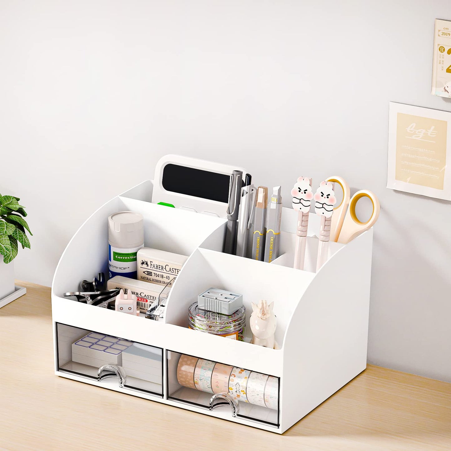COMFYROOM Desk Organizer with 6 Compartments and 2 Drawers, Plastic Makeup Organizer, Pen Holder for Desktop Storage, Desk Organization for School, Home, Office Supplies (White)