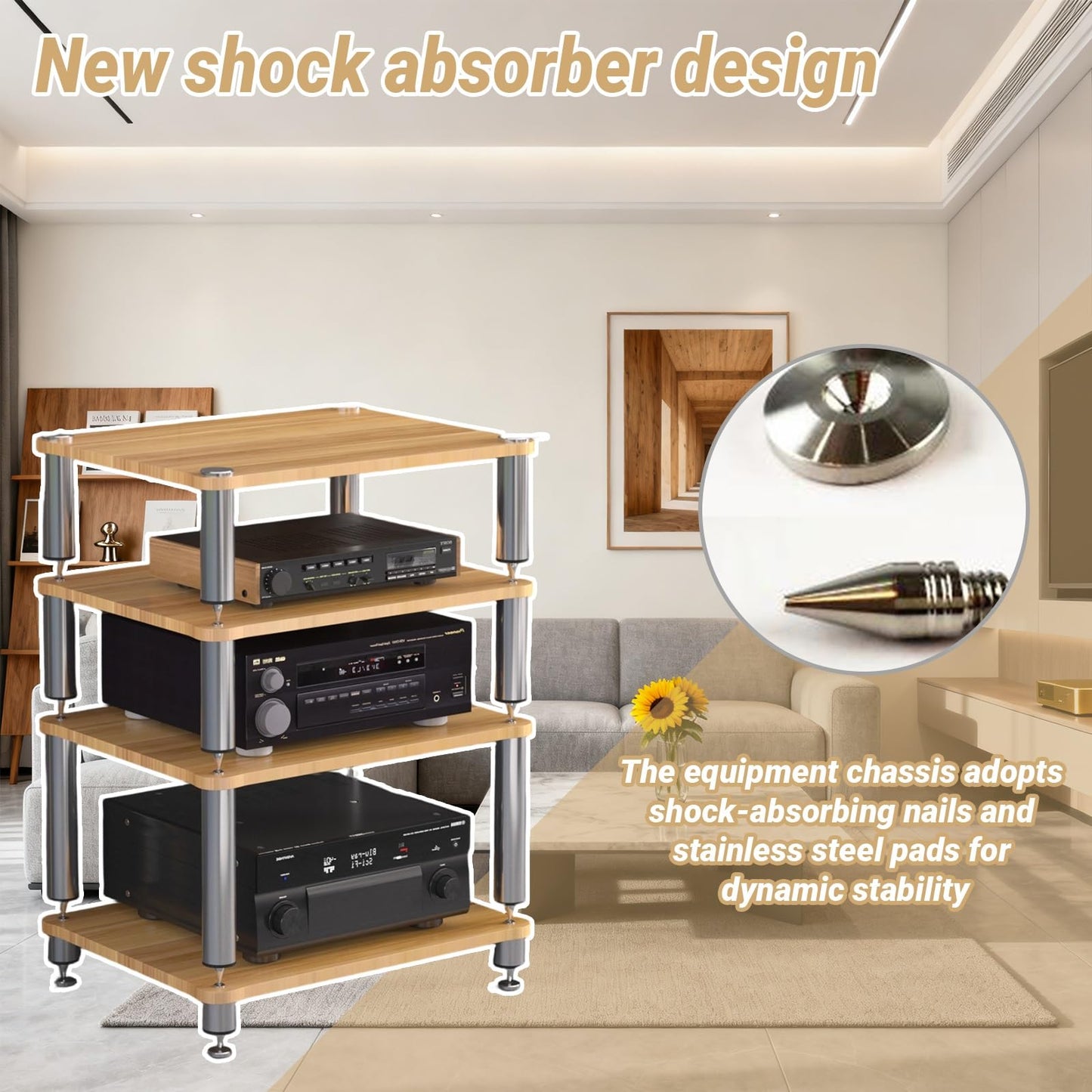 ZUGIATP HiFi 3 Tier AV Media Stand Wood Shelf Record Player Stand Stereo Cabinet Audio Tower Media Console Storage Shelf Audio Video Components(Light Walnut,Double Layer)
