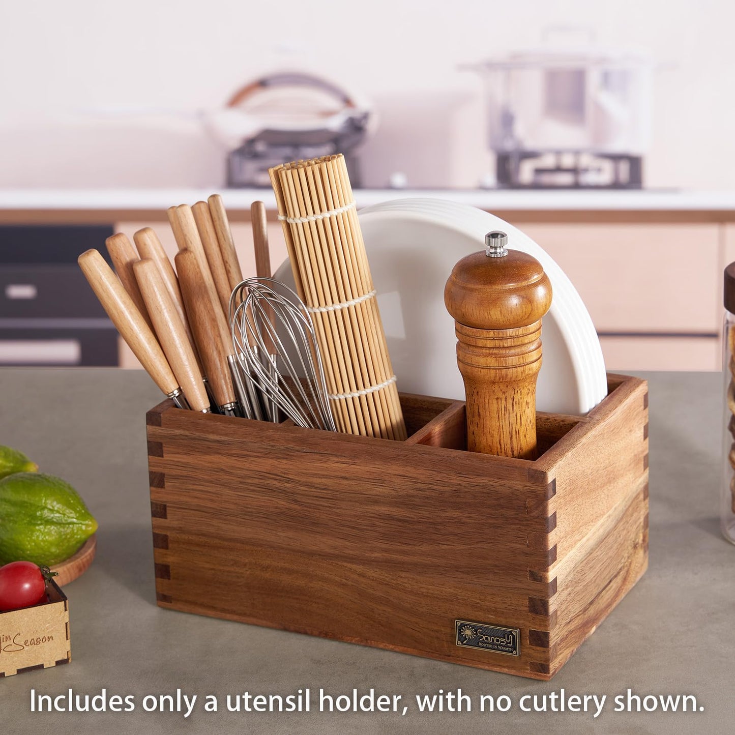 SANOSY Acacia Wood Utensil Holder, Paper Plate Dispenser Organizer for Countertop - 4 Compartment Silverware Caddy for Friendsgiving Party - Cutlery Holder for Cup, Fork, Spoon, Kitchen, Camping