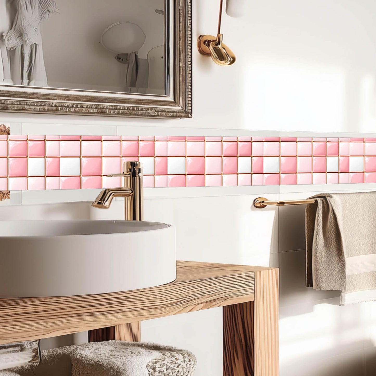 IVN Wallpaper Border Peel and Stick Decorative Wall Trim Self Adhesive Pink White Glossy Mosaic Pattern Accent Strip for Bathroom Laundry Room Pool Area Mirror Frame Shelf Wall Edge 4x196 Inch