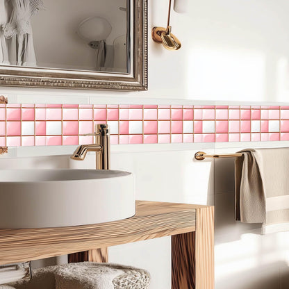IVN Wallpaper Border Peel and Stick Decorative Wall Trim Self Adhesive Pink White Glossy Mosaic Pattern Accent Strip for Bathroom Laundry Room Pool Area Mirror Frame Shelf Wall Edge 4x196 Inch
