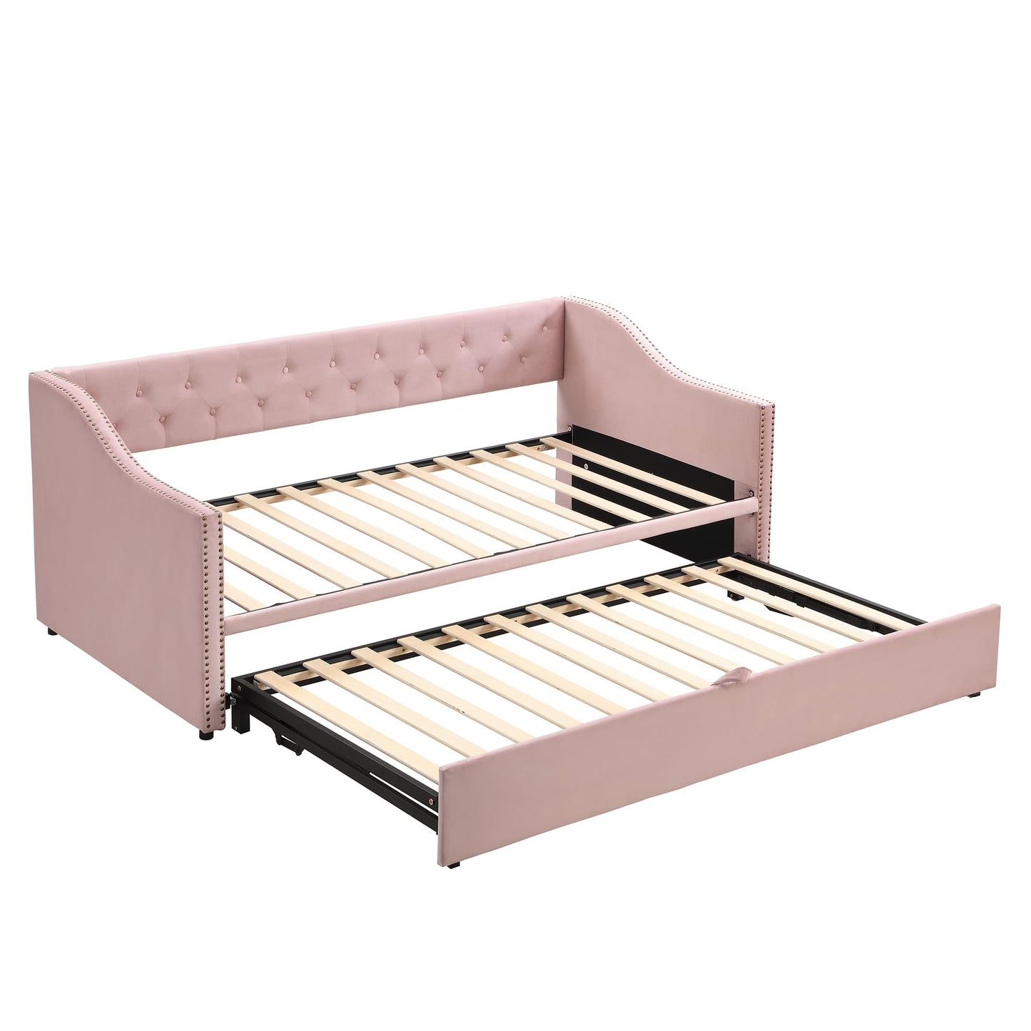 Merax Twin Size Upholstered Velvet Daybed with Pop Up Trundle, Multi-Functional Sofa Bed with Backrest and Two Armrest for Kids Room, Guest Room, Living Room,Pink