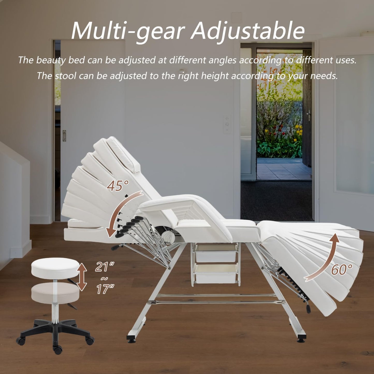 Massage Salon Tattoo Chair with Two Trays Esthetician Bed Hydraulic Stool Metal White Multi-Purpose 3-Section Facial Table Spa Beauty Equipment