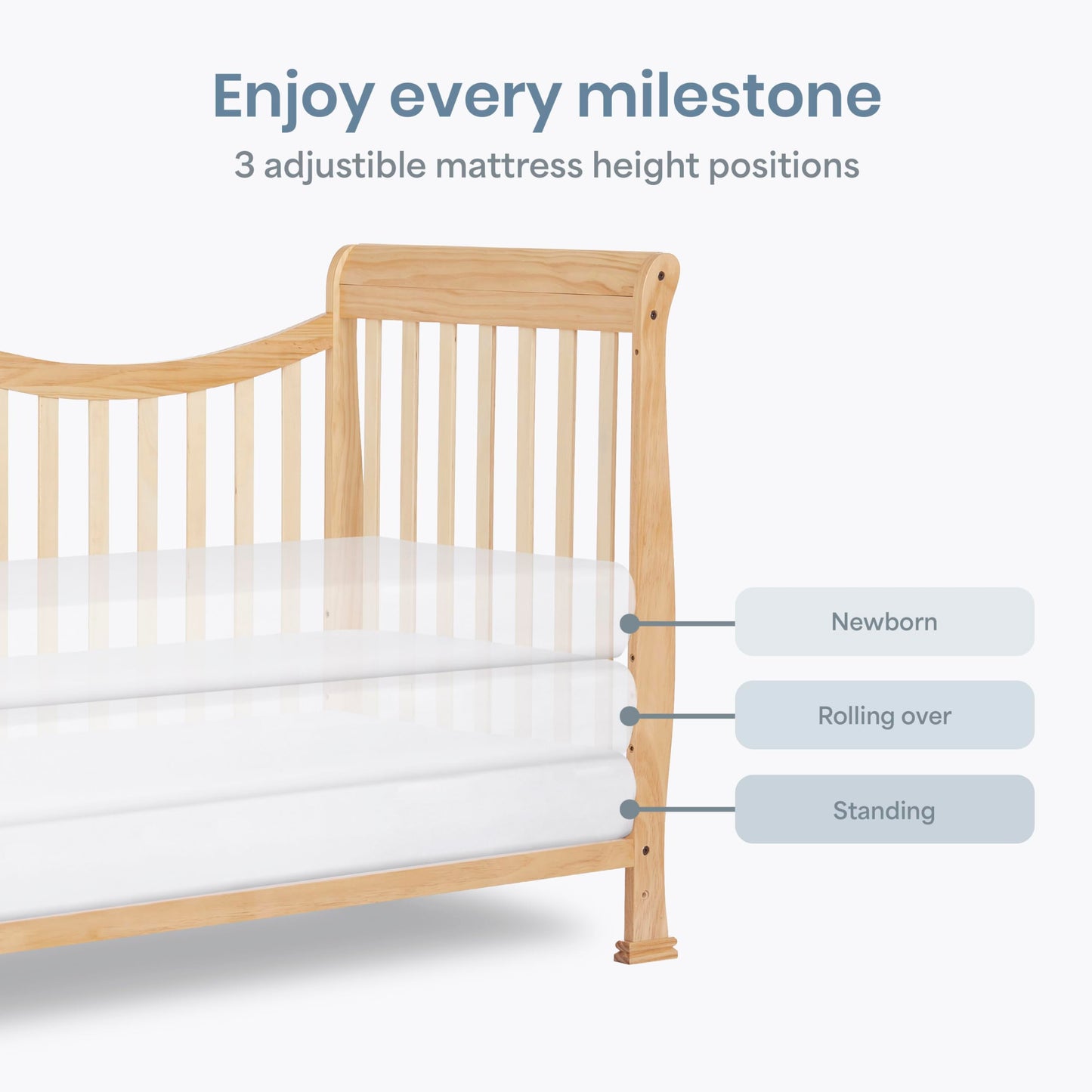 Dream On Me Violet 7-in-1 Convertible Full-Size Baby Crib with Toddler, Day & Full Bed Conversion in Natural, GreenGuard Gold & BSA, 4 Mattress Heights, Sustainable Pinewood