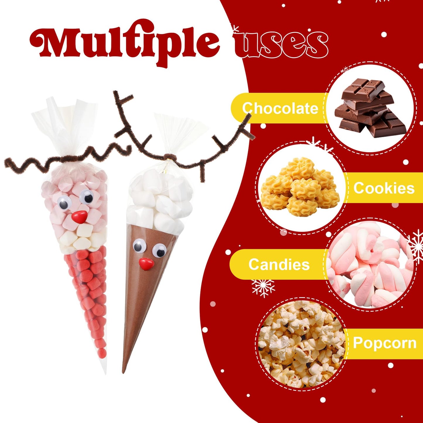 Resholder 300 Pcs Christmas Reindeer Cone Cellophane Bags Kit DIY 7.1x14.6 Inch Clear Cone Shaped Treat Bag with Pipe Cleaner Wiggle Eyes Nose for Popcorn Cotton Candy Goodie Cookie Party Favor