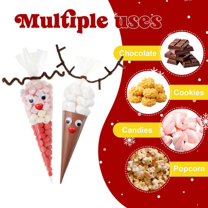 Resholder 300 Pcs Christmas Reindeer Cone Cellophane Bags Kit DIY 7.1x14.6 Inch Clear Cone Shaped Treat Bag with Pipe Cleaner Wiggle Eyes Nose for Popcorn Cotton Candy Goodie Cookie Party Favor