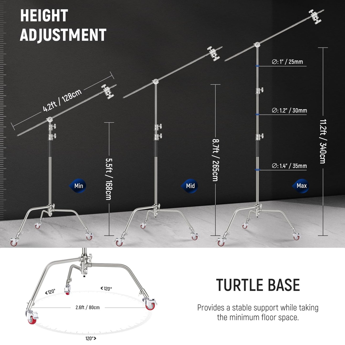NEEWER Heavy Duty Light Stand, Metal 11.15ft/3.4m Adjustable Photography C Stand Tripod with Boom Arm Built in Spring Cushion 1/4" Screw for Studio LED Lights, DSLR Camera, Max Load: 22lb/10kg, Black