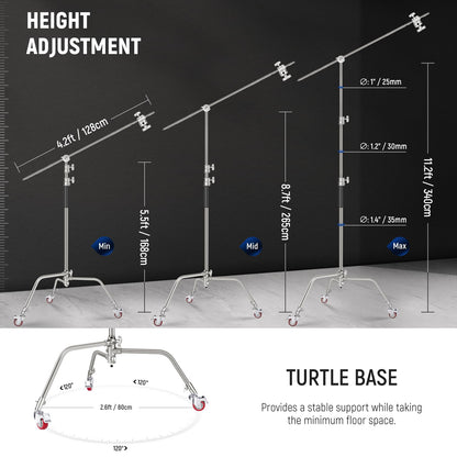 NEEWER Heavy Duty Light Stand, Metal 11.15ft/3.4m Adjustable Photography C Stand Tripod with Boom Arm Built in Spring Cushion 1/4" Screw for Studio LED Lights, DSLR Camera, Max Load: 22lb/10kg, Black