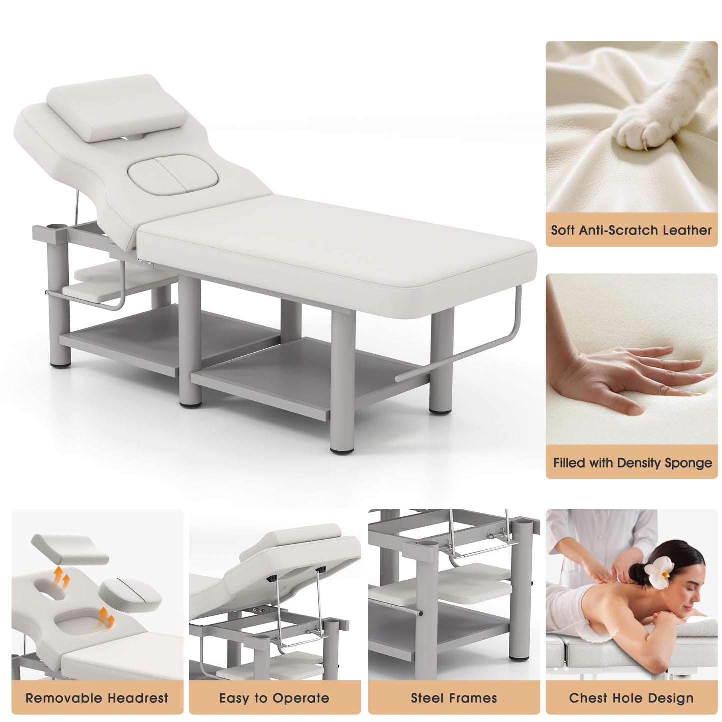 Heavy Duty Stationary Massage Table with Adjustable Backrest, Wide Spa Facial Bed with Metal Frame & PU Leather, Professional Massage Therapy Bed for Spa Salon Tattoo Physical Therapy Clinic (Gray)