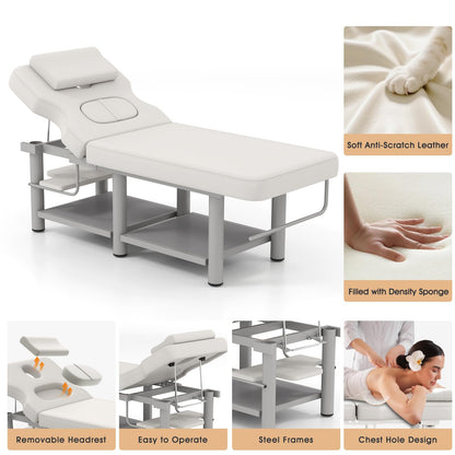 Heavy Duty Stationary Massage Table with Adjustable Backrest, Wide Spa Facial Bed with Metal Frame & PU Leather, Professional Massage Therapy Bed for Spa Salon Tattoo Physical Therapy Clinic (Gray)
