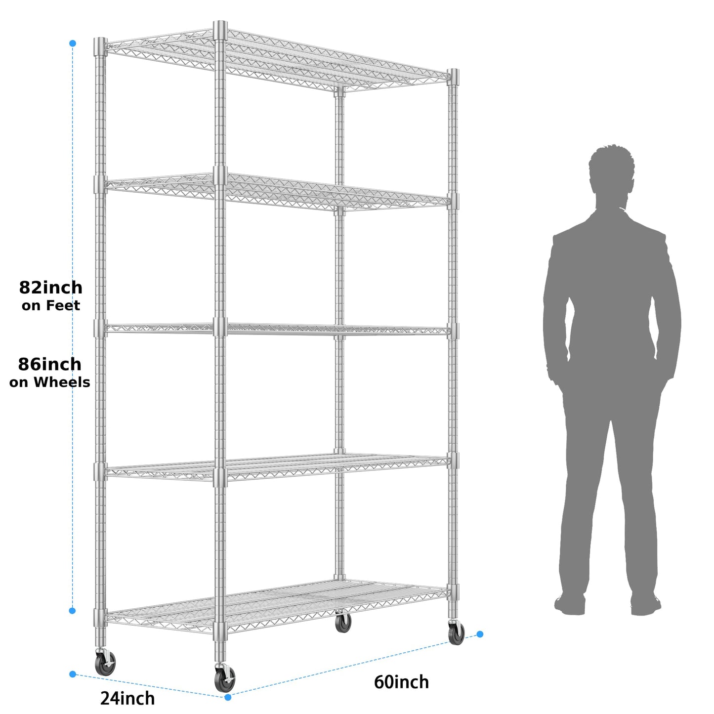 Homdox 5 Tier Storage Racks and Shelving, 24"x60"x82" Heavy Duty Metal Shelves for Storage, 3000LBS Commercial Adjustable Wire Shelving Unit on Wheels for Garage, Pantry, Kitchen, Warehouses, Chrome