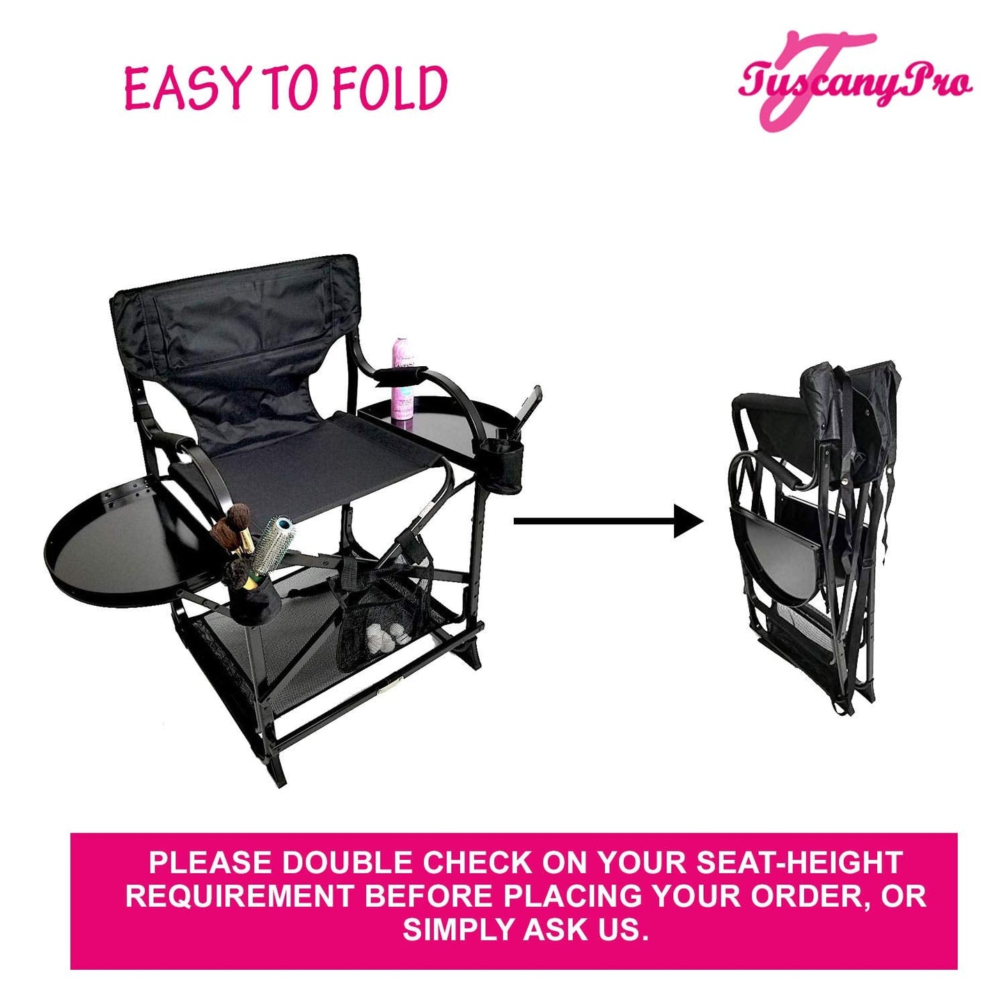 Tuscany Pro Your Name/Logo Included Portable Makeup & Hairstylist Chair - Perfect for Makeup, Hair Stylist, Salon with 25 Inch Seat Height