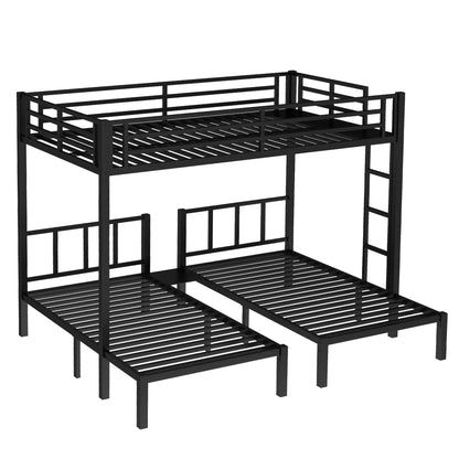 Bellemave Triple Bunk Bed for Kids, Detachable Queen Over Twin & Twin Metal Bunk Bed with Guardrails, Ladder & Storage, Converts to 3 Separate Beds, Easy to Assemble (3 Bunk Beds for Kids, Black)