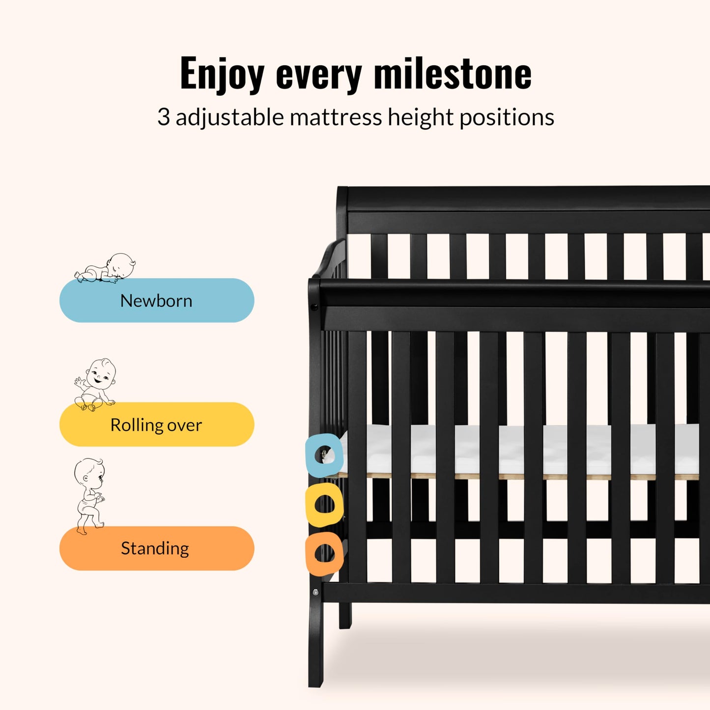 Dream On Me Jayden 4‑in‑1 Mini Convertible Baby Crib & Changer with Storage in Black, Pinewood, GreenGuard Gold & BSA, 1” Mattress Pad, 3 Mattress Heights, Converts to Mini Day & Twin-Size Bed