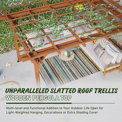 12x10 FT Wooden Pergola Gazebo for Patio Garden, Outdoor Wood Gazebo Pavilion with Trellis Roof, Fir Wood Garden Arbor Shelter for Backyard, Deck, Lawn, Waterproof Brown