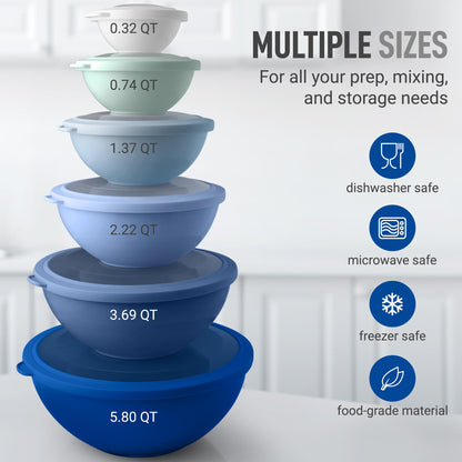 Zulay Kitchen 12 Piece Plastic Mixing Bowls with Lids Set - Leak-Proof Microwave & Freezer Safe Stackable Mixing Bowl Set for Preparing, Serving and Storing - Non-Slip Large Nesting Bowls (Blue Ombre)