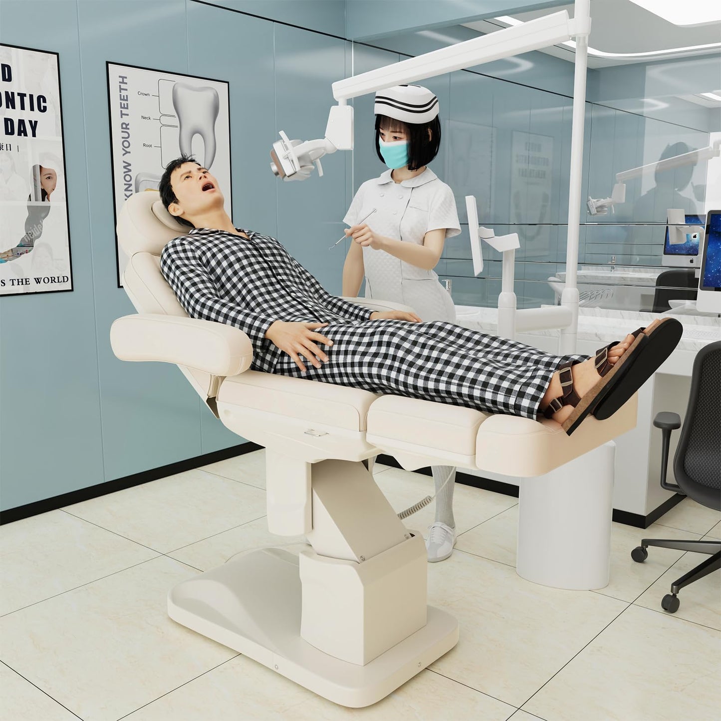 4 Motor Electric Chair/Bed, Aluminum Hydraulic System for Medical Treatment Exam, Facial, Spa, Eyelash, Tattoo, Podiatry Treatment Beauty Massage, Hand Remote Controlled Adjustable - Beige Gray