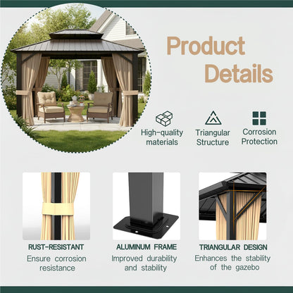 SOLUMIA 10x12ft Hardtop Gazebo, Metal Pavilion with Mesh Mosquito Netting & Curtains, All-Weather Outdoor Pergola for Garden, Patio, and Backyard（A Set of 2 Boxes）