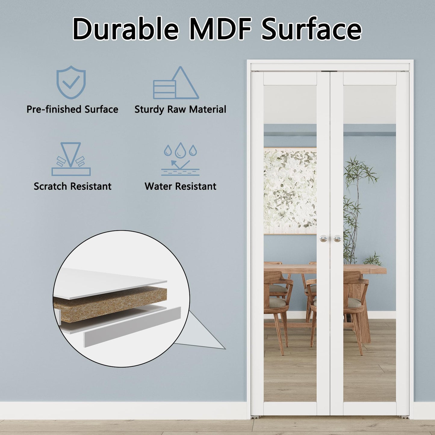 French Pivot Door for 80" x 60" Opening, Double Mirror Door Panels with Pivot Hardware, White, Water & Scratch-Resistant Surface