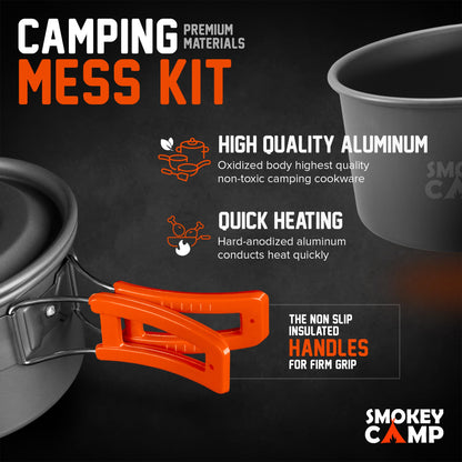 10 Pcs Smokey Camp Backpacking Cooking Set with Stove & Adapter - 3 Pots Large Medium Small 1 Large Pan 1 Stove 1 Adpater, Compact Non-Stick Camping Cookware Mess Kit, All in One Hiking Picnic Outdoor