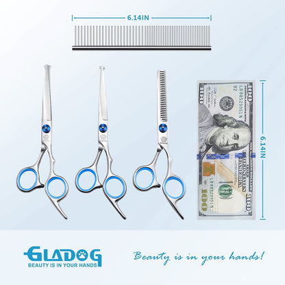 GLADOG Professional 5 in 1 Dog Grooming Scissors Set with Safety Round Tips, Sharp and Heavy-duty Pet Grooming Shears for Cats