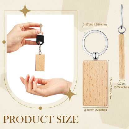 Yinkin 100 Pcs Wooden Keychain Blanks Bulk Laser Engraving Key Chain Unfinished Wooden Key Ring Tag for DIY Gift Crafts (Rectangle)