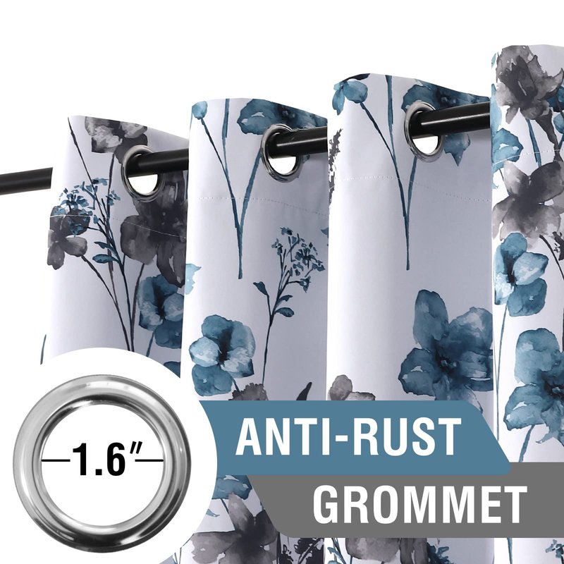 H.VERSAILTEX 100% Blackout Curtains 84 inch Length 2 Panels Set Cattleya Floral Printed Drapes Leah Floral Thermal Curtains for Bedroom with Black Liner Sound Proof Curtains, Grey and Blue