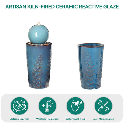 Autodaya 29.5" H Ceramic Sphere Water Fountain with LED Lights, Modern Nature-Inspired Design, Teal Blue Glaze with Leaf Patterns & Pebbles, Soothing Trickling Water Feature for Patio, Yard and Garden