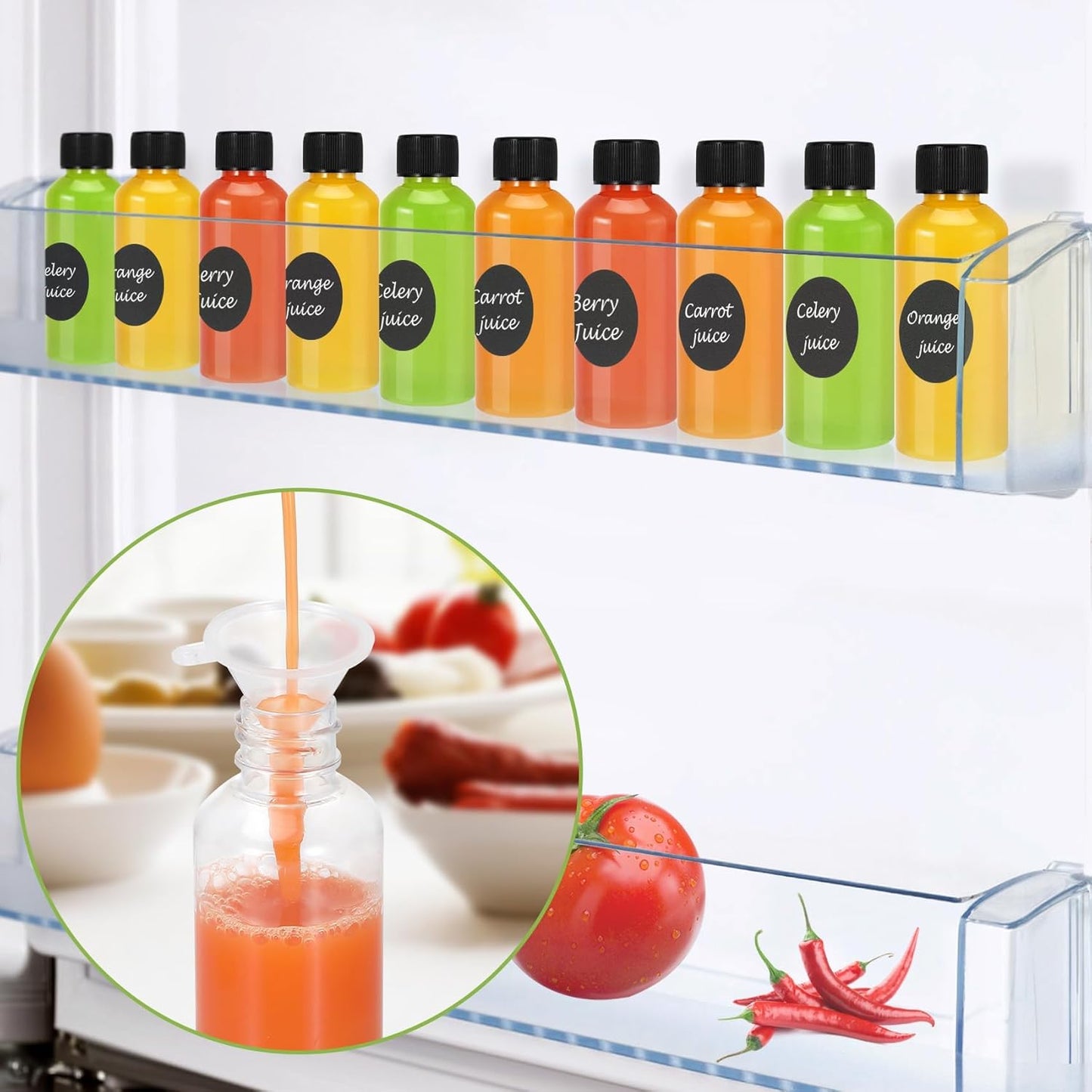 24 Pack 2 oz Shot Bottles with Caps, Mini Reusable Plastic Ginger Shots Bottle Leakproof Juice Shot Bottles with Lids