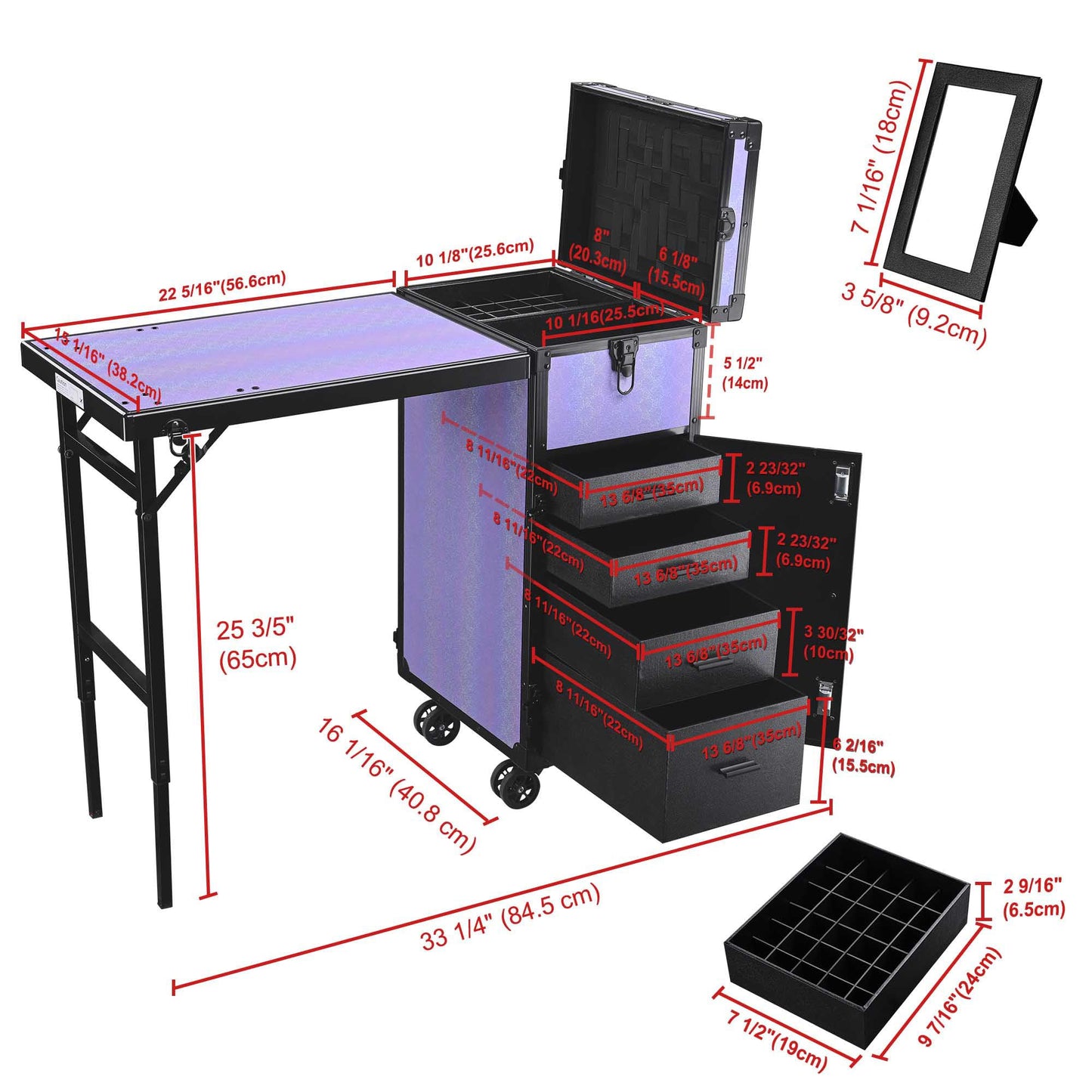 BYOOTIQUE Portable Nail Table with Storage Rolling Makeup Case with Drawers Traveling Manicure Table for Manicurist Nail Teach Makeup Artist Hairstylist Barbershop Beauty Salon, ForgetMeNot Purple