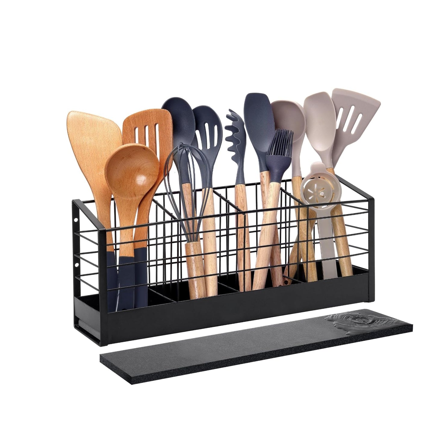 Dual-Use Large Utensil Holder with Effective Bottom Fence for Kitchen Counter & Wall Mount, 4-Compartment Organizer with Diatomaceous Earth Drying Mat, Holds 40 Cooking Tools, Iron, Matte Black 16 in