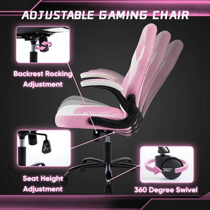 DUMOS Gaming Ergonomic Office Chair for Adults, Height Adjustable Computer Desk Chair with Flip-up Armrests, PU Leather Swivel Video Game Chair with 360° Rolling Wheels, Grey