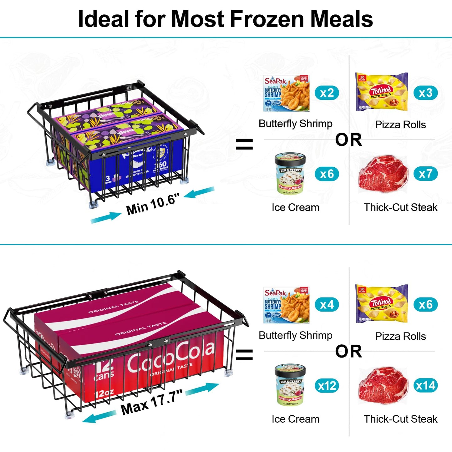 iSPECLE 4 Pack Freezer Organizer Bins - Fit 10 to 20 Cu.Ft Deep Freezer, Expandable Wire Storage Chest Freezer Baskets for Frozen Food, Stackable with Handles, Black