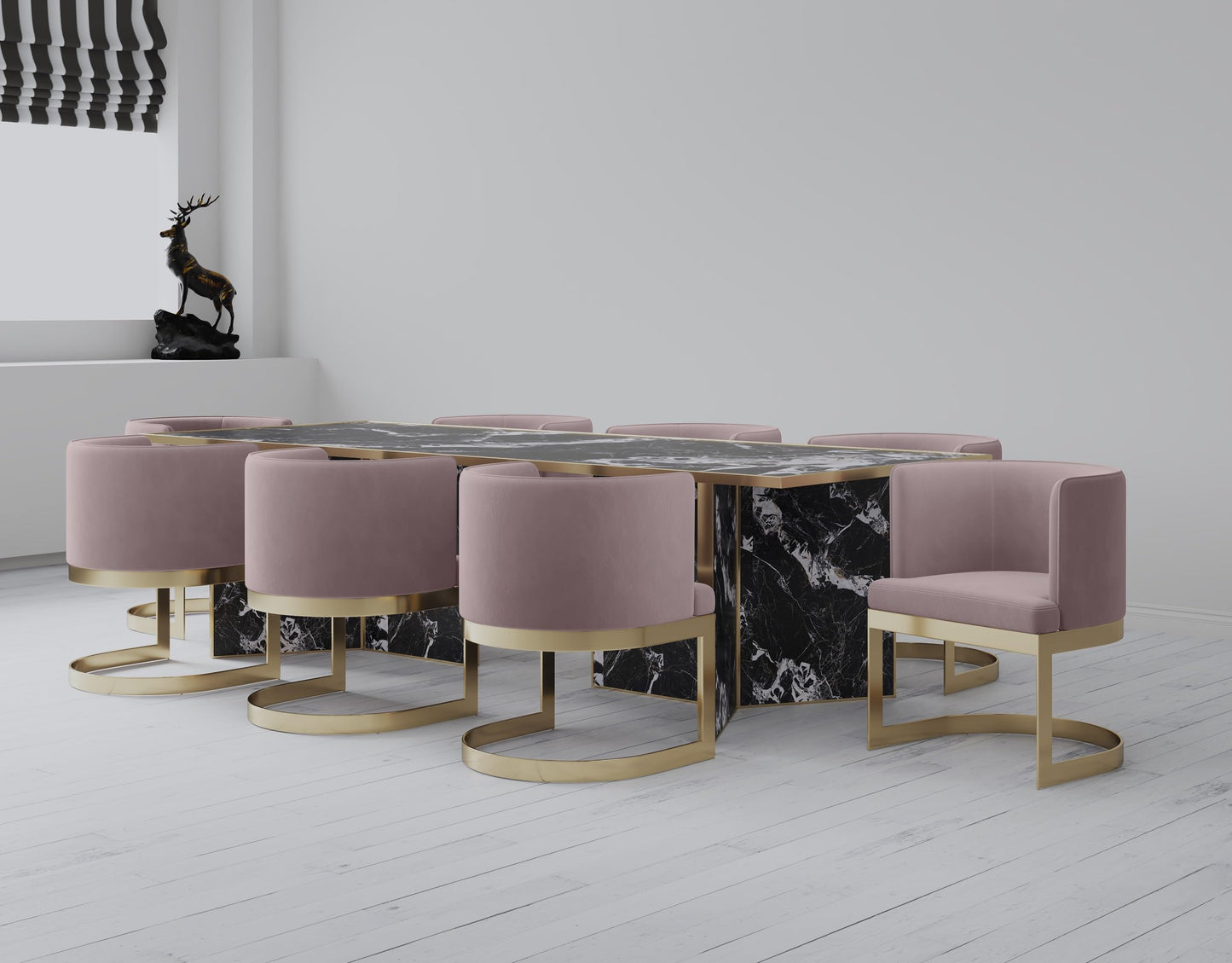 Manhattan Comfort Aura Velvet Dining Chair with Modern Floating Frame Design, Curved Backrest, Upholstered Padded Cushions, Polished Brass Finish, No Assembly Required, Set of 2, Blush