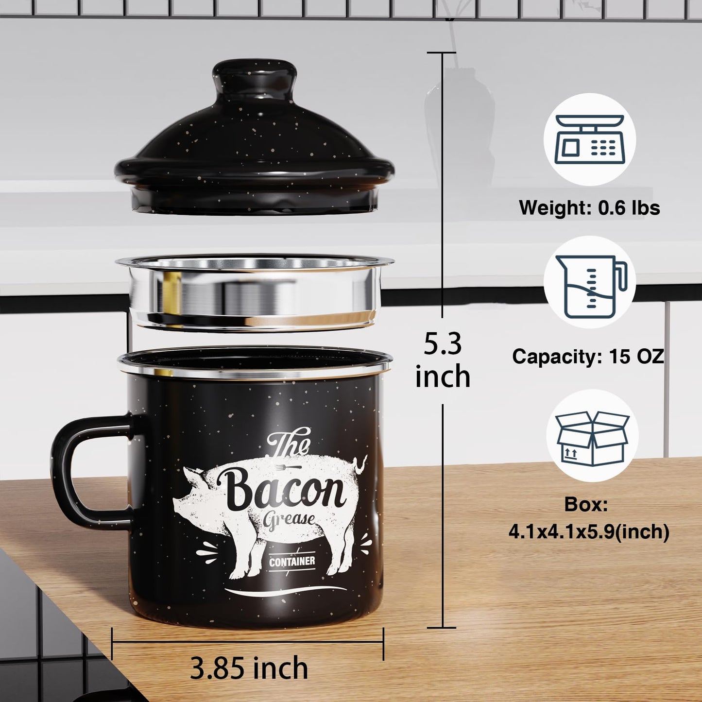 PGYARD Mini Bacon Grease Container With Strainer - 15OZ Enamel Grease Saver, Farmhouse Bacon Grease Keeper For Kitchen Fat Storage, Dishwasher Safe-Black