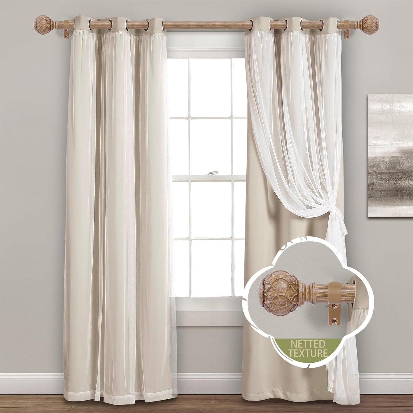 Wood Curtain Rods for Windows, 28 to 48 Inch Adjustable Heavy Duty Drapery Rods