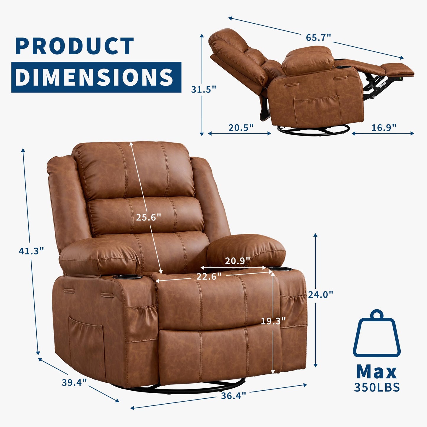 Rocker Recliner Chair for Adults Manual 360° Swivel Single Sofa Seat Glider Chair with 3 Positions 2 Side Pockets Cup Holders PU Fabric for Living Room Nursery Office