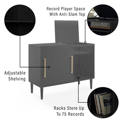 Crosley Furniture Everett Media Console and Record Player Stand with Storage for Vinyl Records, Matte Black