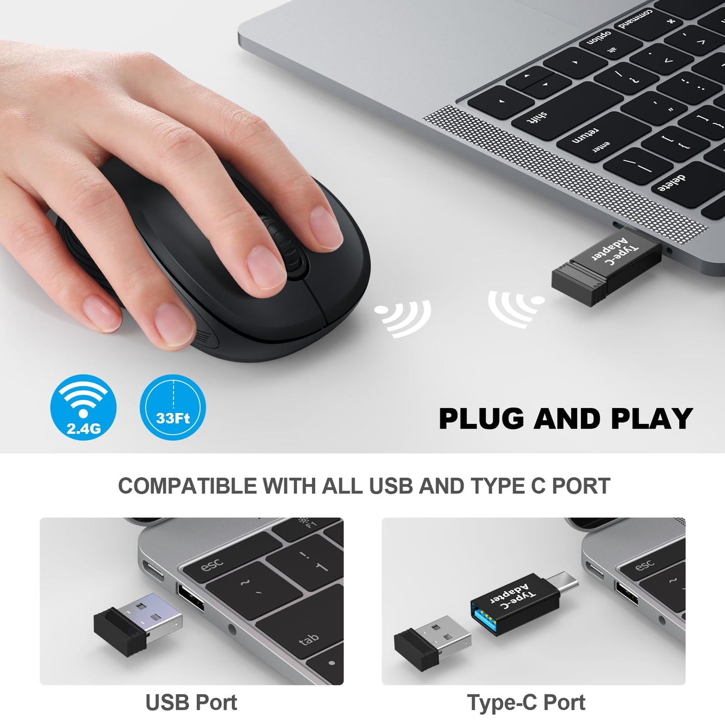 WisFox 2.4G Wireless Mouse for Laptop, Ergonomic Computer Mouse with USB Receiver and 3 Adjustable Levels, 6 Button Wireless Mice for Windows Mac PC Notebook (Grey)