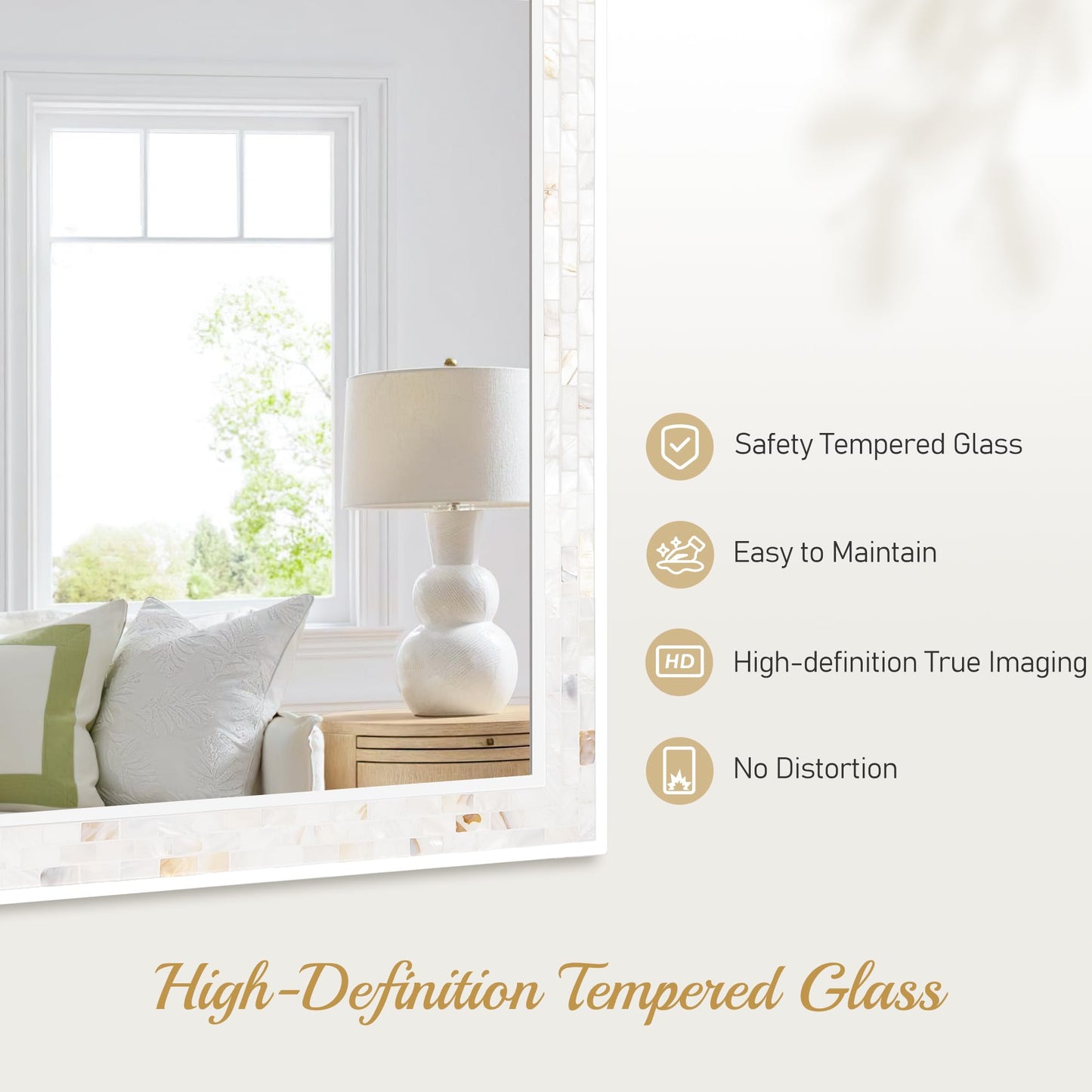 White Framed Bathroom Mirrors for Wall, 20x28 Inch Mother of Pearl Inlay Mirrors with Tempered Glass for Bathroom Bedroom or Living Room (Horizontal/Vertical Hanging)