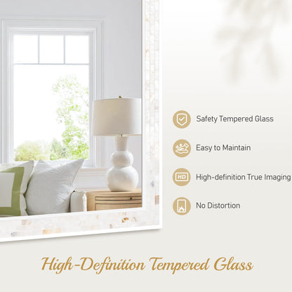 White Framed Bathroom Mirrors for Wall, 20x28 Inch Mother of Pearl Inlay Mirrors with Tempered Glass for Bathroom Bedroom or Living Room (Horizontal/Vertical Hanging)