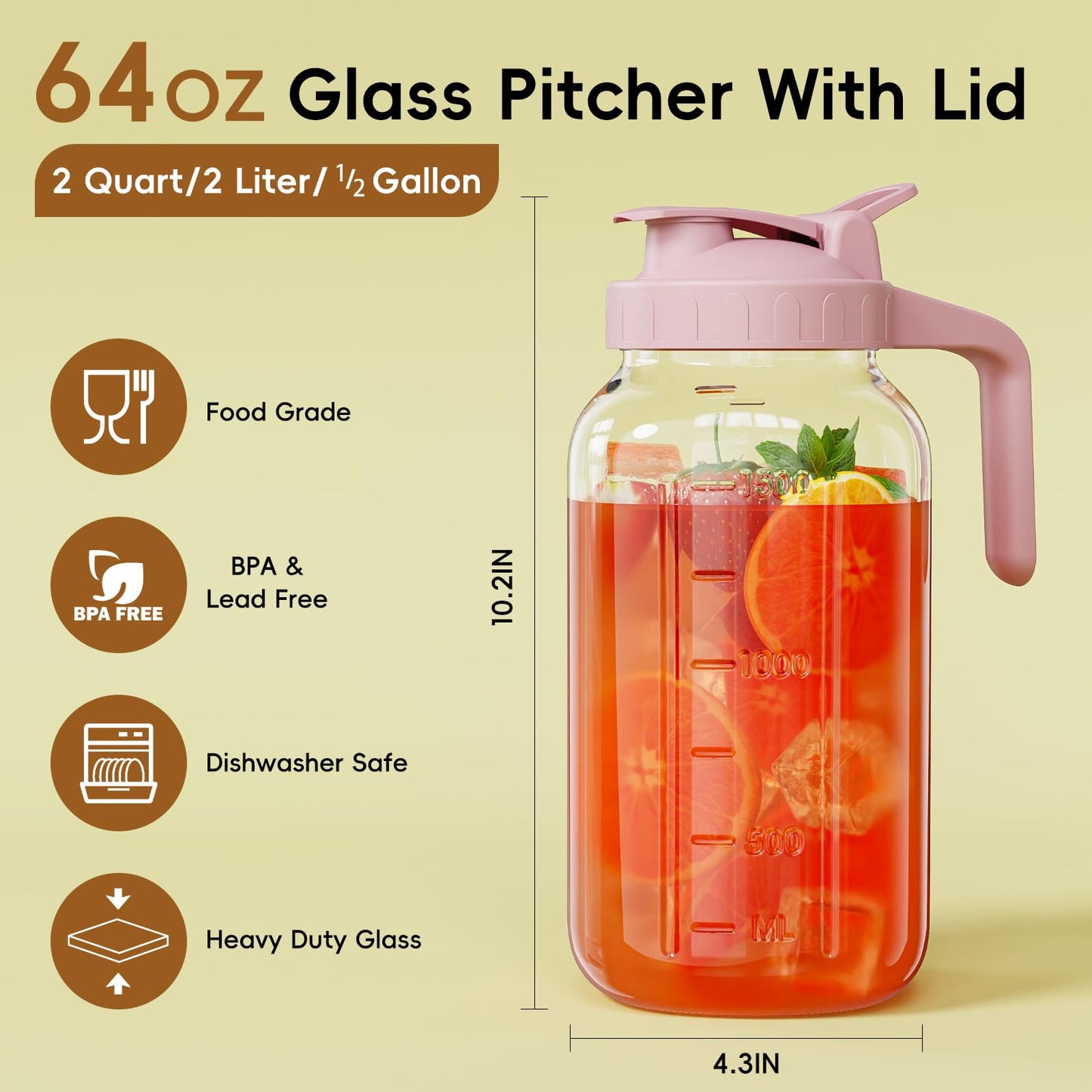 Glass Mason Jar Pitcher, 64 oz Wide Mouth Jug with Pour Spout Handle Lid for Cold Brew Coffee, Ice Beverage, Iced Juice, Lemonade, Sun Tea, Fruit Drinks Container(Pink)