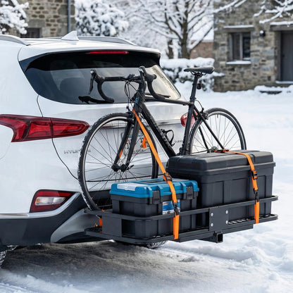 KMFurnila Folding Hitch Mount Cargo Carrier, 60.1" x 20" x 6" Steel Rack with 500 lbs Capacity, Includes Waterproof Bag, Combination Lock, Cargo Net, Straps and Hitch Stabilizer