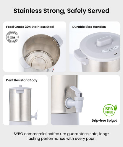 SYBO 45 Cup Coffee Urn, Commercial Grade Stainless Steel Percolate Coffee Maker, Removable Filter, Easy to Clean, Hot Water Urn for Catering, Hot Beverage Dispenser with Cool-Touch Handles, 6L, Grey