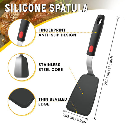 Flexible Silicone Spatula Turner, Heat Resistant Silicone Turner for Non-Stick Cookware, BPA-Free Food Grade Kitchen Spatula Utensils, Ideal for Flipping Eggs, Burgers, Pancakes, 11.8 x 2.4 in, Black