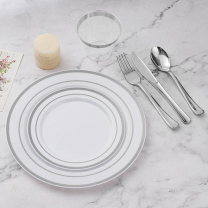 BESTVIP 600PCS Silver Dinnerware Set for 100 Guests, Plastic Plates for Party, 100 Silver Disposable Plates, 100 Dessert Plates, 100 Cups, 100 Spoons, 100 Forks and 100 Knives