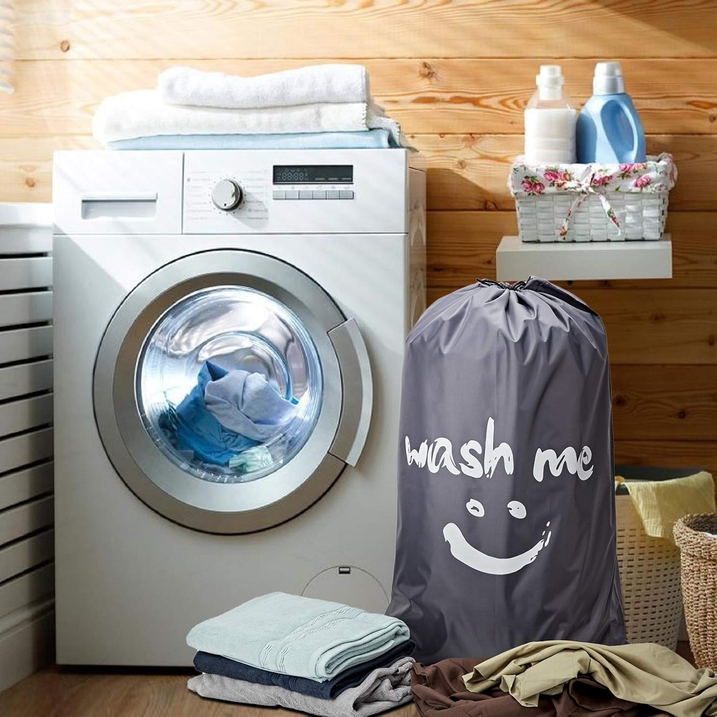 NICOGENA Wash Me Laundry Bag - 2 Packs, 28x40 inches, Heavy Duty Hamper Liner for College Students, Sky Blue & Gray