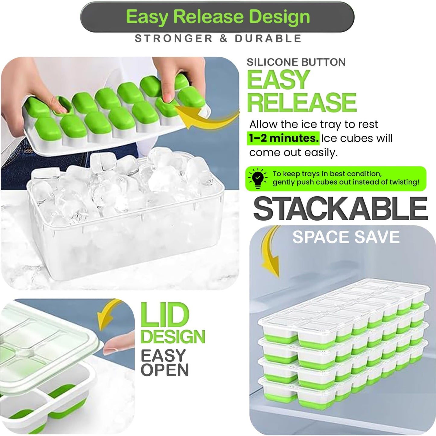 56pcs Ice Cube Tray with Lid and Bin – Stackable 4 Trays Silicone Plastic Freezer Mold, Large Ice Bucket with Scoop, Tong & 2 SS Straws – Easy Release Ice Maker for Cocktail, Coffee, RV, Whiskey