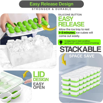 56pcs Ice Cube Tray with Lid and Bin – Stackable 4 Trays Silicone Plastic Freezer Mold, Large Ice Bucket with Scoop, Tong & 2 SS Straws – Easy Release Ice Maker for Cocktail, Coffee, RV, Whiskey