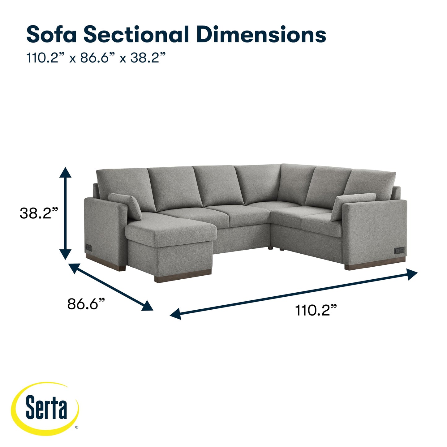 Serta® Emmett 110.2" Convertible Sleeper Sectional, Queen Size, Dreamcoil® Comfort, Reversible Storage Chaise, USB-C and USB-A Power Ports, Woven Fabric, Light Grey
